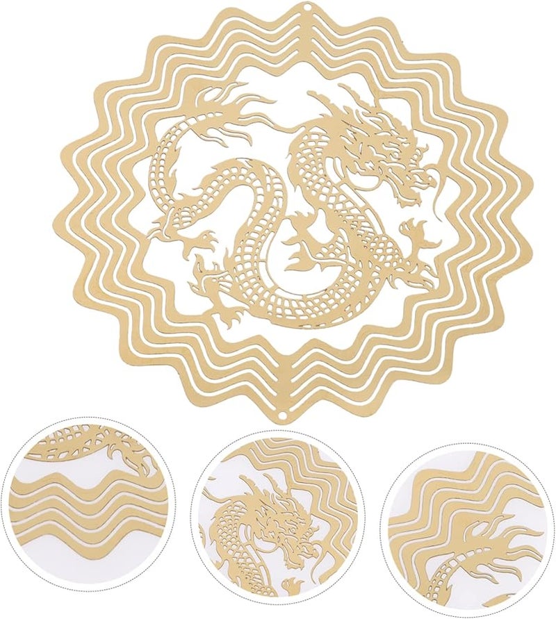 زخرفة حديقة دوارة باللون الأصفر، منحوتة معدنية معلقة بتصميم تنين فريد للفناء الخارجي أو الحديقة - Image 3