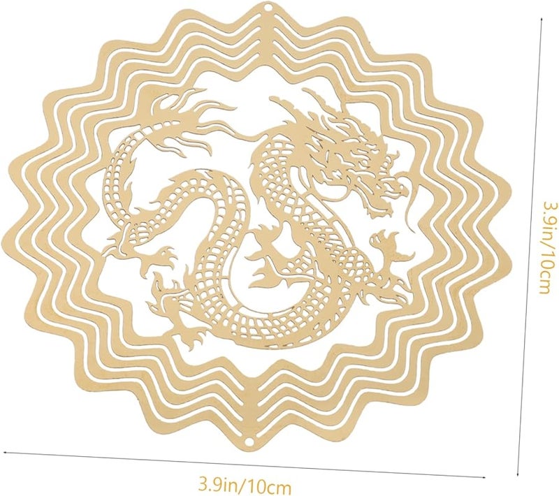 زخرفة حديقة دوارة باللون الأصفر، منحوتة معدنية معلقة بتصميم تنين فريد للفناء الخارجي أو الحديقة - Image 5