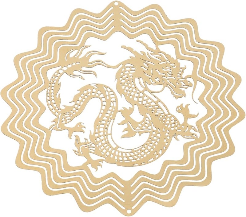 زخرفة حديقة دوارة باللون الأصفر، منحوتة معدنية معلقة بتصميم تنين فريد للفناء الخارجي أو الحديقة - Image 1