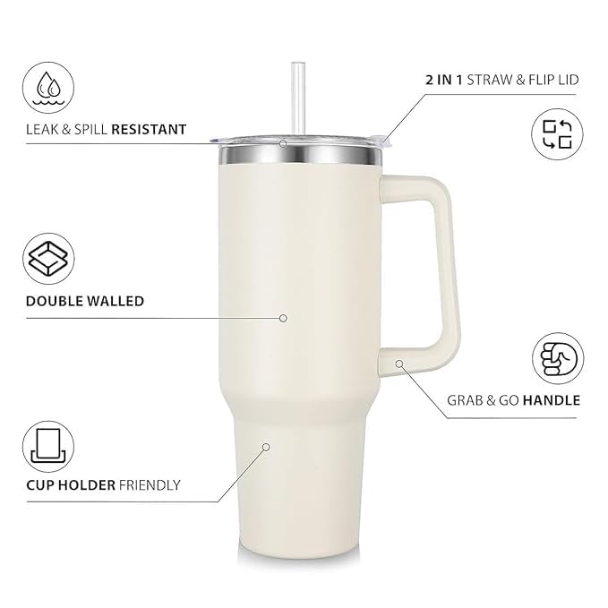 JETVEEK Cups 40 oz Tumbler with Handle and Straw Lid Insulated Stainless Steel Double Wall Spill Proof Water Bottle Travel Mug Cupholder Vacuum Sealed Tumblers with Lid Multicolor - Image 2