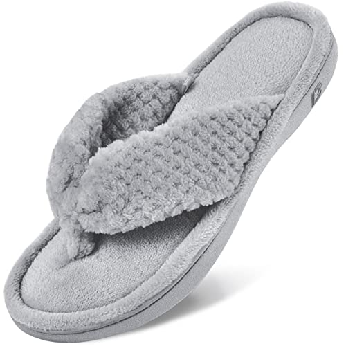 DL Women's Flip Flop Memory Foam Slippers with Cozy Terry Lining Soft Thong Slippers Slip on House Shoes with Indoor Outdoor Arch Support Rubber Sole, Gray, 9-10 - Image 1