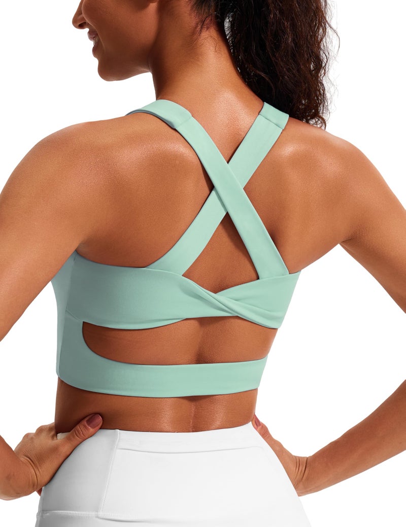 JOYSPELS Stunning Criss-Cross Back Sports Bra, Buttery Soft Longline Yoga Tank Top with Removable Padding, Padded Open-Back Workout Top for Pilates, Barre & Medium-Impact Gym Pale Green - Image 1
