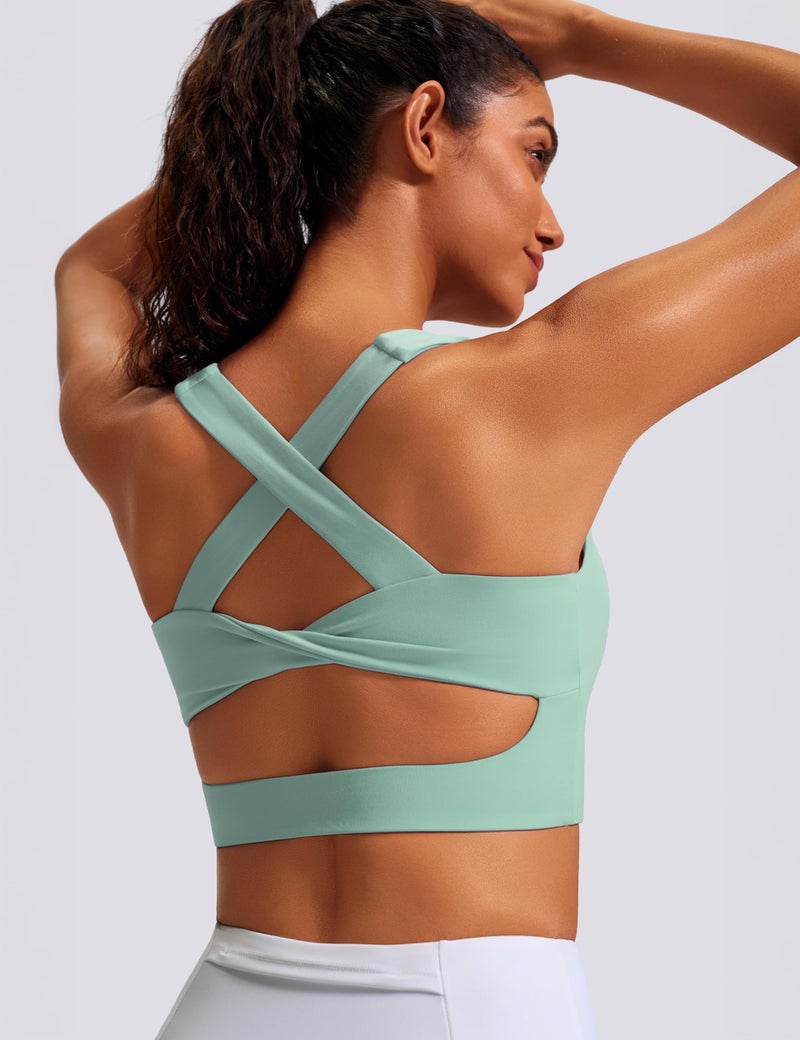 JOYSPELS Stunning Criss-Cross Back Sports Bra, Buttery Soft Longline Yoga Tank Top with Removable Padding, Padded Open-Back Workout Top for Pilates, Barre & Medium-Impact Gym Pale Green - Image 4