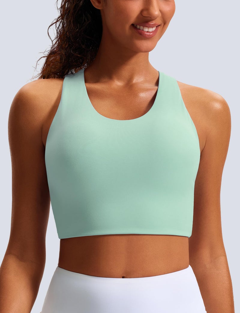 JOYSPELS Stunning Criss-Cross Back Sports Bra, Buttery Soft Longline Yoga Tank Top with Removable Padding, Padded Open-Back Workout Top for Pilates, Barre & Medium-Impact Gym Pale Green - Image 3