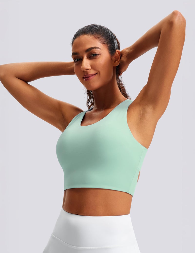 JOYSPELS Stunning Criss-Cross Back Sports Bra, Buttery Soft Longline Yoga Tank Top with Removable Padding, Padded Open-Back Workout Top for Pilates, Barre & Medium-Impact Gym Pale Green - Image 2