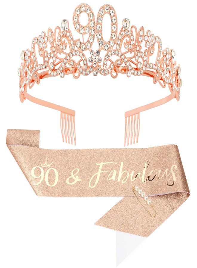 CIEHER 90th Birthday Decorations Set - 90th Birtday Crown and Sash Rose Gold Gifts for Women - Image 1