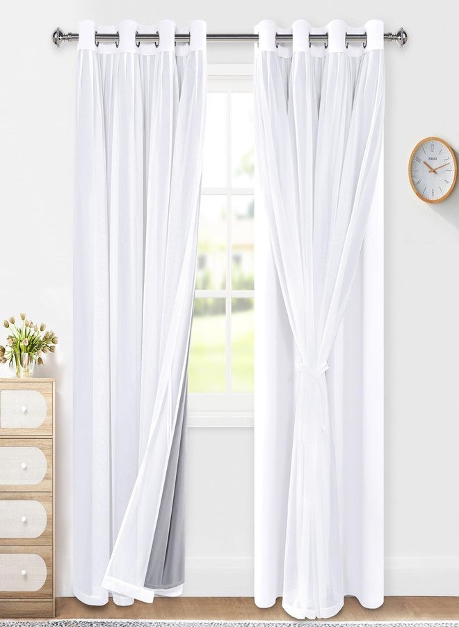 XWZO White Double Layer Curtains, 100% Blackout Curtains with Sheer Overlay for Nursery, Living Room, Children's Room, Grommet Thermal Insulated Privacy Curtains with Tiebacks, 2 Panels, 52x84 - Image 1