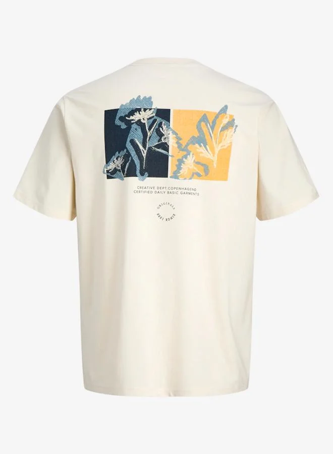 JACK & JONES Men Beige Graphic Cotton Crew Neck T-Shirt
