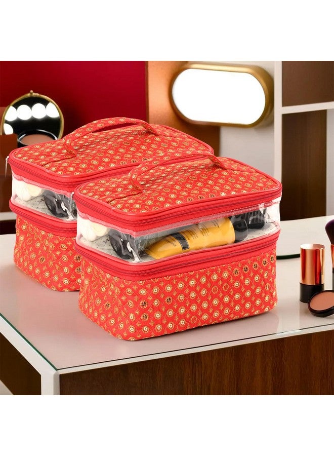 هارتس مجموعة من قطعتين من منظم تخزين السفر | حقيبة مستحضرات التجميل ذات الطبقة المزدوجة بمقبض | طقم مجوهرات النافذة المرئية | حقيبة تخزين أدوات الزينة | حقيبة مكياج للسفر | تيكلي ديزاين | أحمر - Image 1