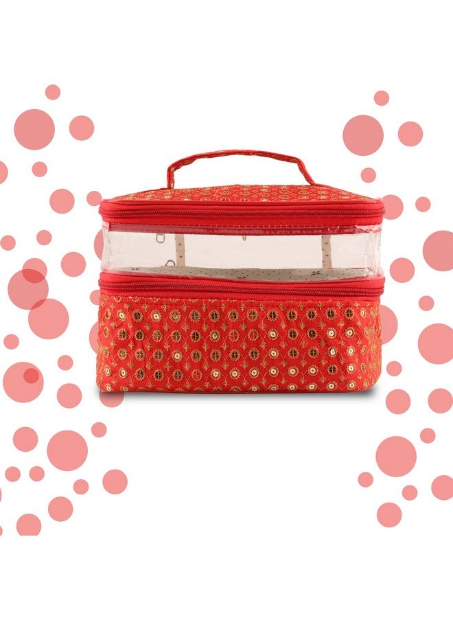 هارتس مجموعة من قطعتين من منظم تخزين السفر | حقيبة مستحضرات التجميل ذات الطبقة المزدوجة بمقبض | طقم مجوهرات النافذة المرئية | حقيبة تخزين أدوات الزينة | حقيبة مكياج للسفر | تيكلي ديزاين | أحمر - Image 2