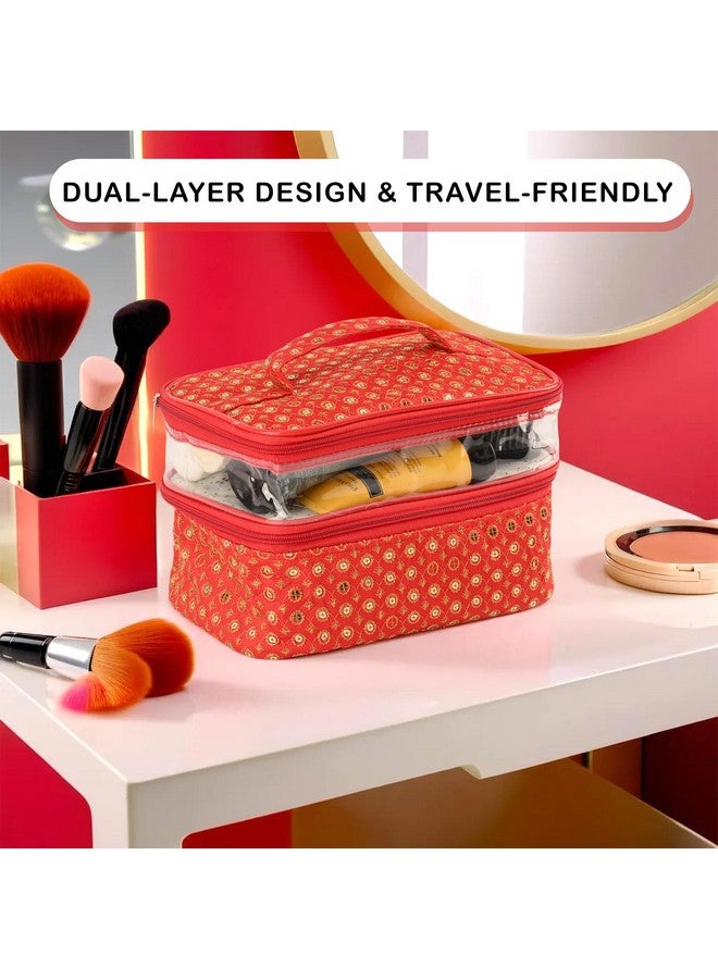 هارتس مجموعة من قطعتين من منظم تخزين السفر | حقيبة مستحضرات التجميل ذات الطبقة المزدوجة بمقبض | طقم مجوهرات النافذة المرئية | حقيبة تخزين أدوات الزينة | حقيبة مكياج للسفر | تيكلي ديزاين | أحمر - Image 4