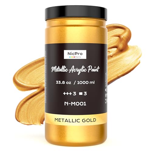 Nicpro Acrylic Paint Metallic Gold, 33.8oz/1000ml Large Gold Leaf Paint, Non Toxic, Non Fading for Art Painting, Handcrafts, Ideal for Multi-surface, Canvas, Wood, Clay, Fabric, Metal, Furniture - Image 1