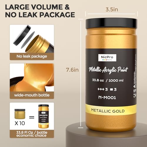 Nicpro Acrylic Paint Metallic Gold, 33.8oz/1000ml Large Gold Leaf Paint, Non Toxic, Non Fading for Art Painting, Handcrafts, Ideal for Multi-surface, Canvas, Wood, Clay, Fabric, Metal, Furniture - Image 4