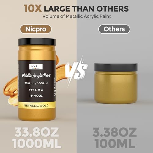 Nicpro Acrylic Paint Metallic Gold, 33.8oz/1000ml Large Gold Leaf Paint, Non Toxic, Non Fading for Art Painting, Handcrafts, Ideal for Multi-surface, Canvas, Wood, Clay, Fabric, Metal, Furniture - Image 3
