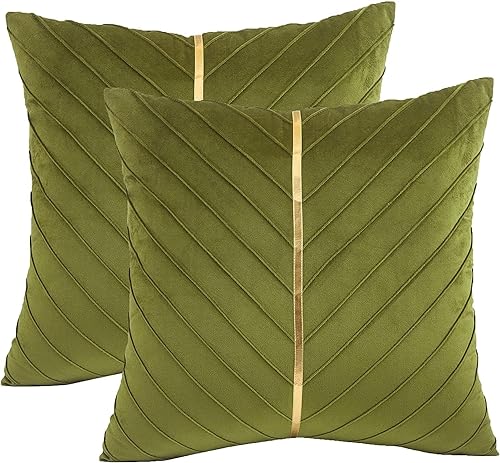 Tosleo Chartreuse Pillow Covers 18 x 18 inch Pack of 2 with Gold Leather Olive Green Soft Velvet Throw Pillow Covers Decorative Couch Pillowcases Luxury Modern Pillow Cover Spring Summer Home Decor - Image 1