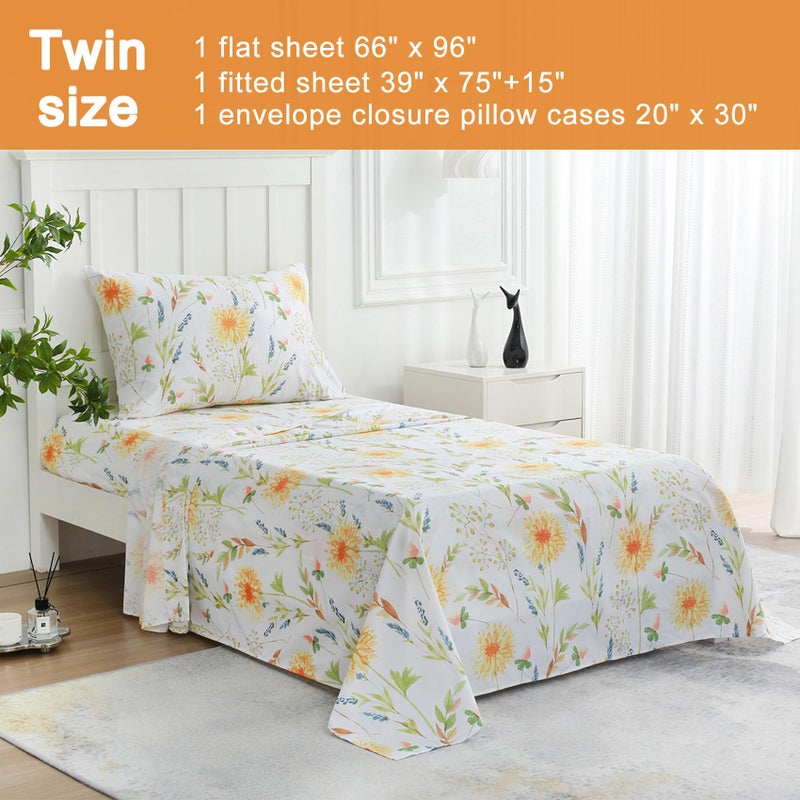 JSD Yellow Floral Printed Sheet Set Twin Size, 3 Piece Soft Botanical Microfiber Bedding Sheets Extra Deep Pocket - Image 2