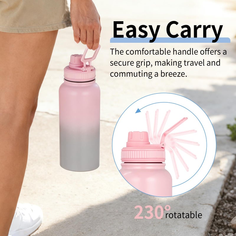 Gulex Water Bottle 32 oz Insulated Water Bottle - Large Capacity 32oz Stainless Steel Cup with Gradual Color, Leakproof, Carry Handle, 12H Hot/24H Cold (Pink&Grey) - Image 3