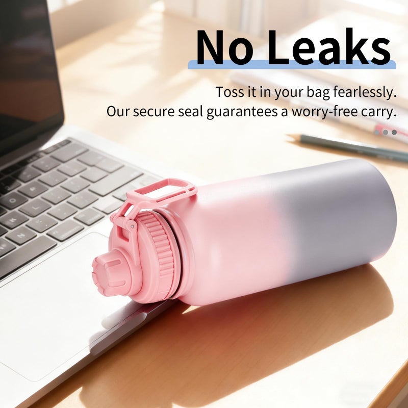 Gulex Water Bottle 32 oz Insulated Water Bottle - Large Capacity 32oz Stainless Steel Cup with Gradual Color, Leakproof, Carry Handle, 12H Hot/24H Cold (Pink&Grey) - Image 2