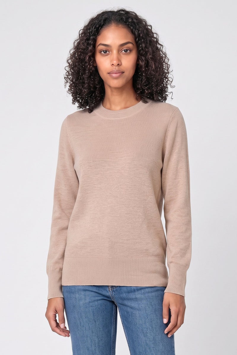 Tchibo Women Crew Neck Knitted Sweater, Tan - Image 1