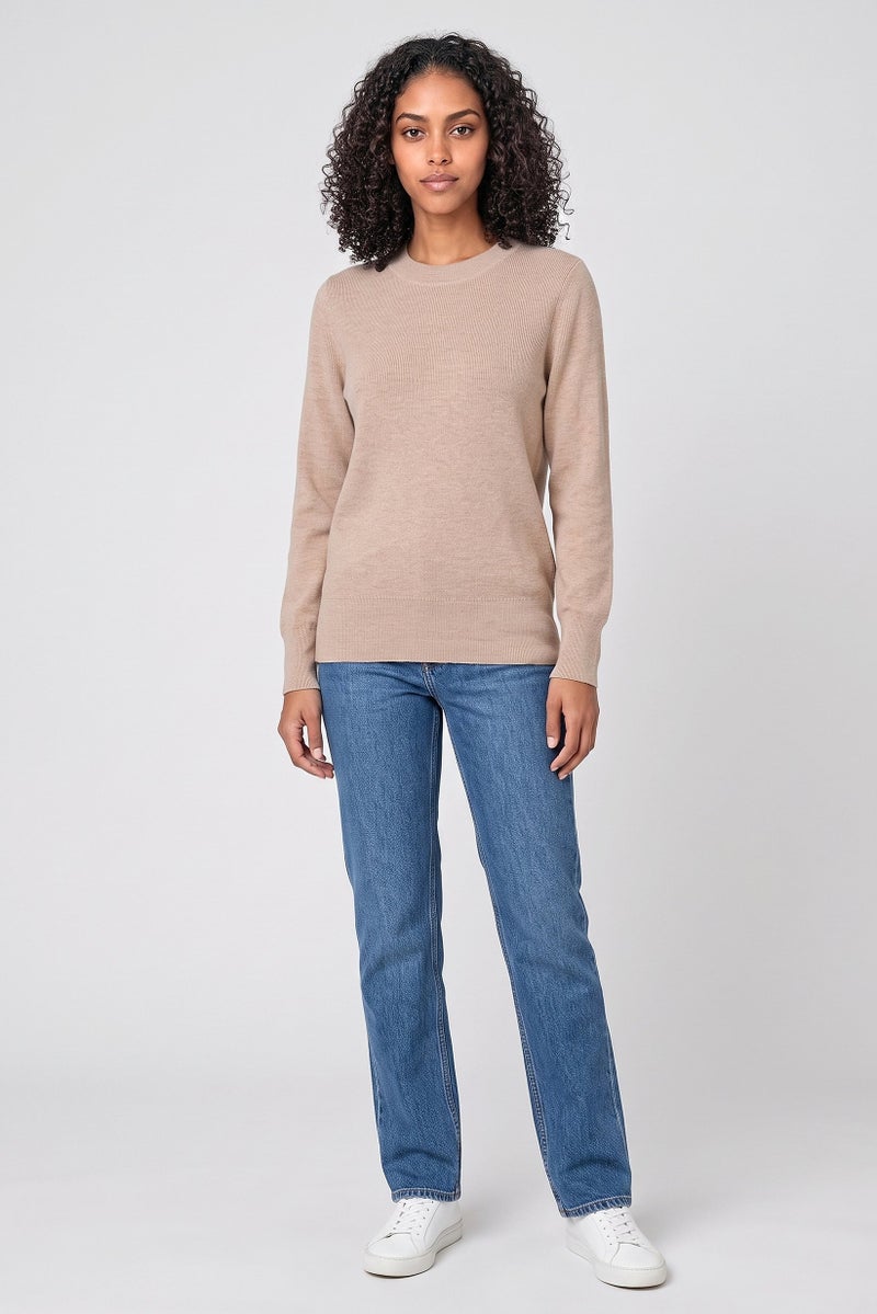 Tchibo Women Crew Neck Knitted Sweater, Tan - Image 2