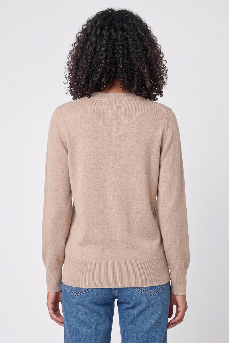 Tchibo Women Crew Neck Knitted Sweater, Tan - Image 4