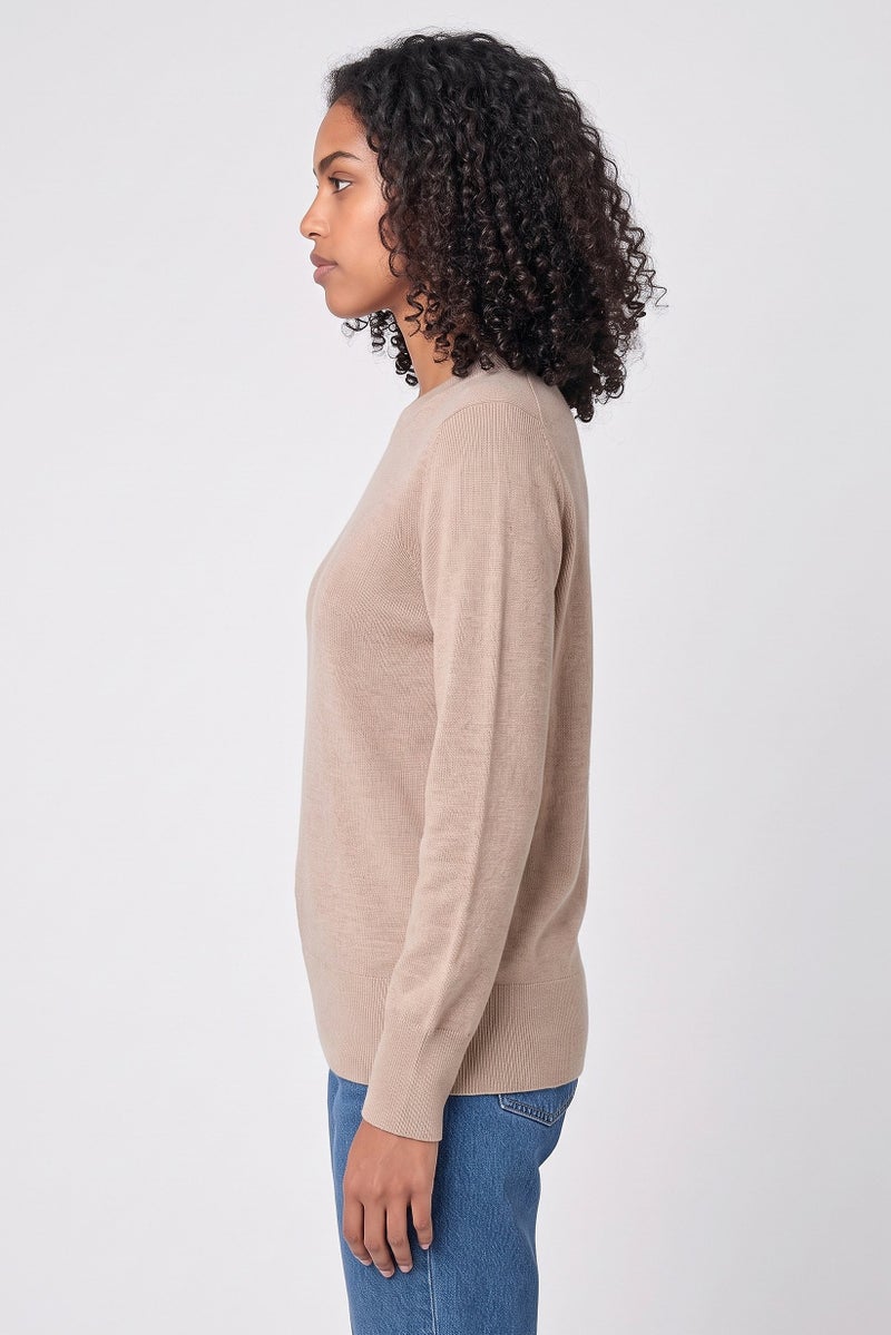 Tchibo Women Crew Neck Knitted Sweater, Tan - Image 3