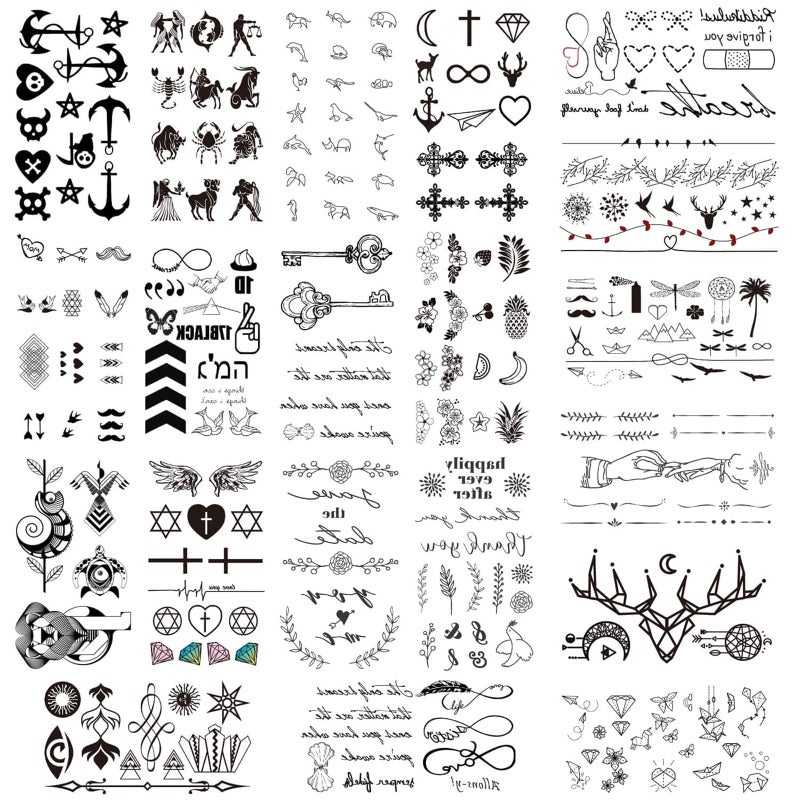 Glaryyears Fake Tiny Temporary Tattoo, 20 Pack Black Sketch Ink Line Small Tattoos Stickers, Various Styles for Fun Party Supplies Vacation on Body Face Hand Wrist - Image 2