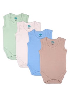 Babies Basic BabiesBasic 100% Super Combed Cotton, Sleeveless Bodysuit, for New Born to 24months. Set of 4, Green, Beige, Blue, Mocha  - Image 1