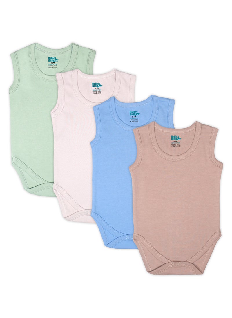 Babies Basic BabiesBasic 100% Super Combed Cotton, Sleeveless Bodysuit, for New Born to 24months. Set of 4, Green, Beige, Blue, Mocha  - Image 1