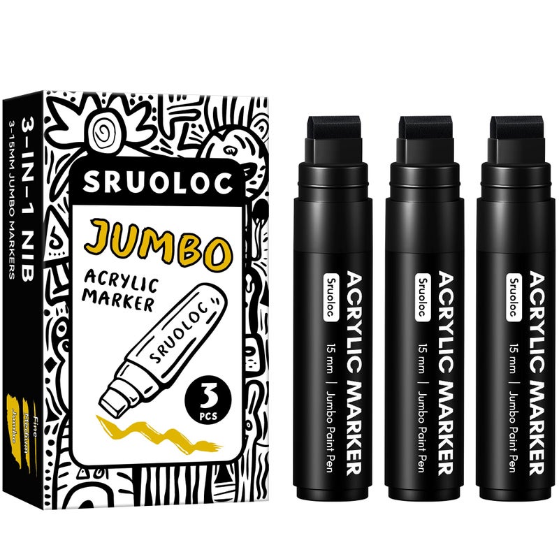 SRUOLOC 3 Jumbo Permanent Markers Black 15mm Thick Wide Tip Large Acrylic Paint Markers for Rock Painting Poster Stone Ceramic Glass Wood Canvas