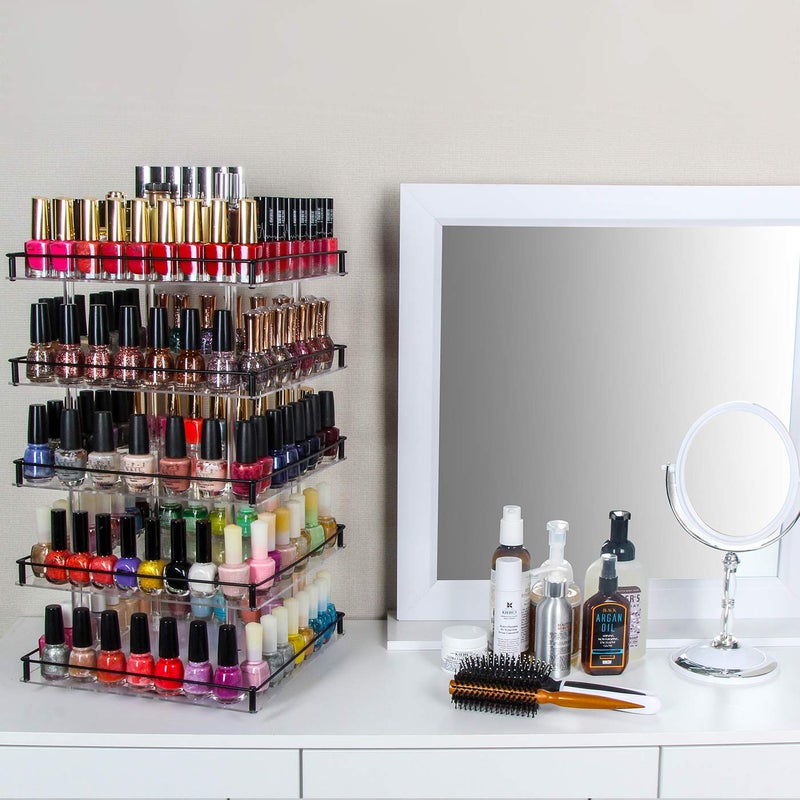 J JACKCUBE DESIGN Nail Polish Organizer, 5 Tier Acrylic 360 Rotating Display Rack Stand Makeup Cosmetics Storage Box Carousel Shelf with Black Iron Guard, Hold Up to 310 â€“ MK302-5 - Image 4