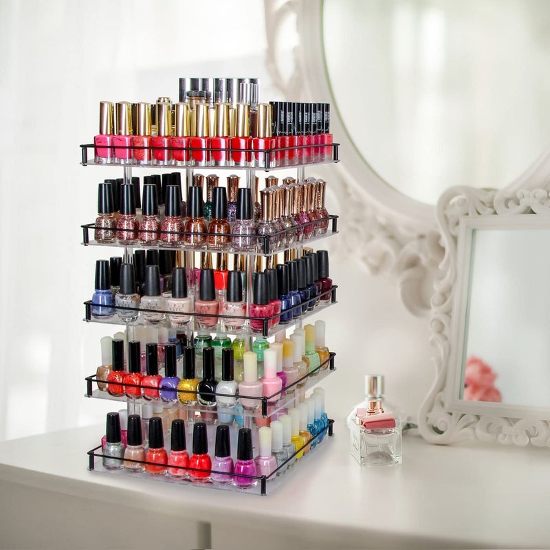 J JACKCUBE DESIGN Nail Polish Organizer, 5 Tier Acrylic 360 Rotating Display Rack Stand Makeup Cosmetics Storage Box Carousel Shelf with Black Iron Guard, Hold Up to 310 â€“ MK302-5 - Image 2