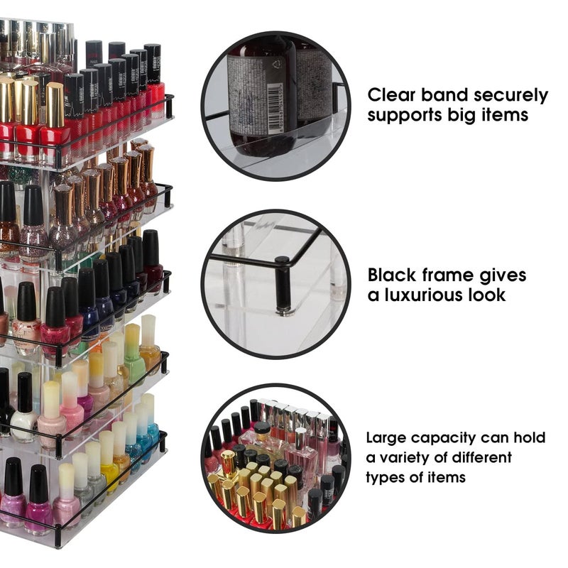 J JACKCUBE DESIGN Nail Polish Organizer, 5 Tier Acrylic 360 Rotating Display Rack Stand Makeup Cosmetics Storage Box Carousel Shelf with Black Iron Guard, Hold Up to 310 â€“ MK302-5 - Image 3