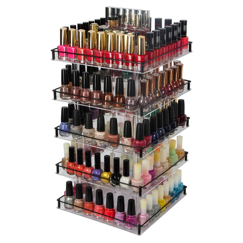 J JACKCUBE DESIGN Nail Polish Organizer, 5 Tier Acrylic 360 Rotating Display Rack Stand Makeup Cosmetics Storage Box Carousel Shelf with Black Iron Guard, Hold Up to 310 â€“ MK302-5 - Image 1