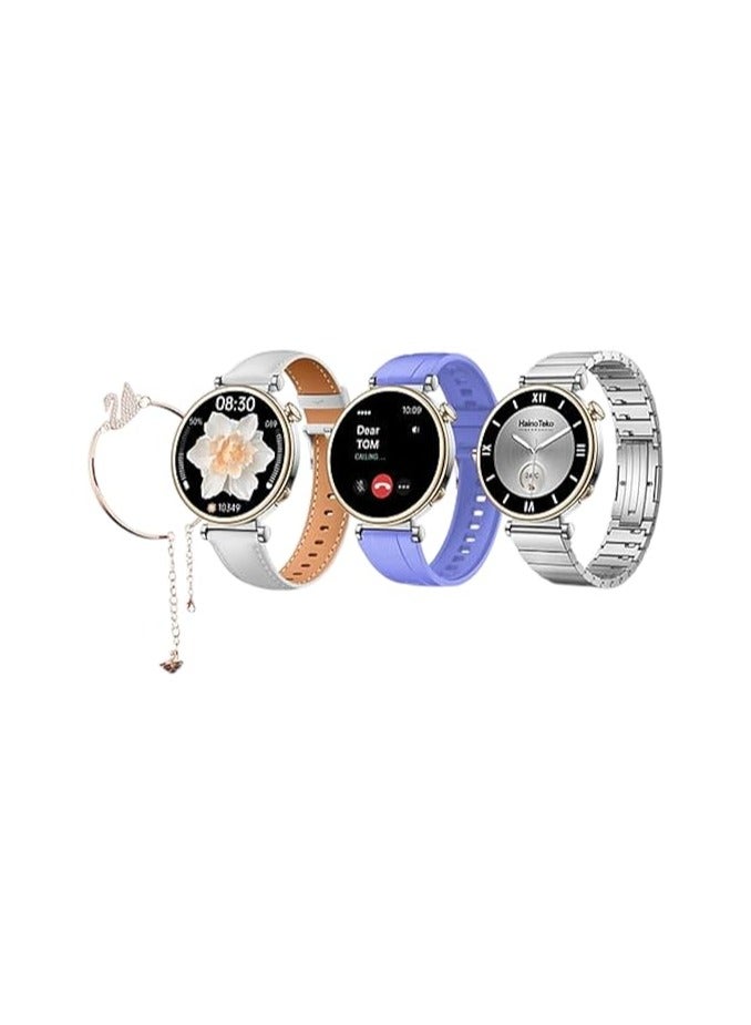 Haino Teko Germany RW43 Round Shape AMOLED Display Ladies Smart Watch With Stylish Rose gold Bracelet and Three Pair Straps Smartwatch for Ladies and Girls Color (Silver)  - Image 1