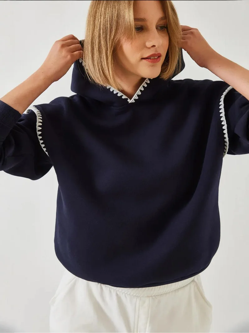 Bianco Lucci LUCCI Hooded Lace Detail Relaxed Fit Hoodie