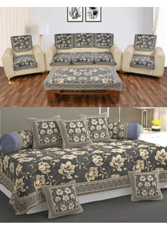MULTITEX Heavy Chenille Velvet Sofa Cover with diwan Set and Table Cover Combo Set of 21 pcsGrey