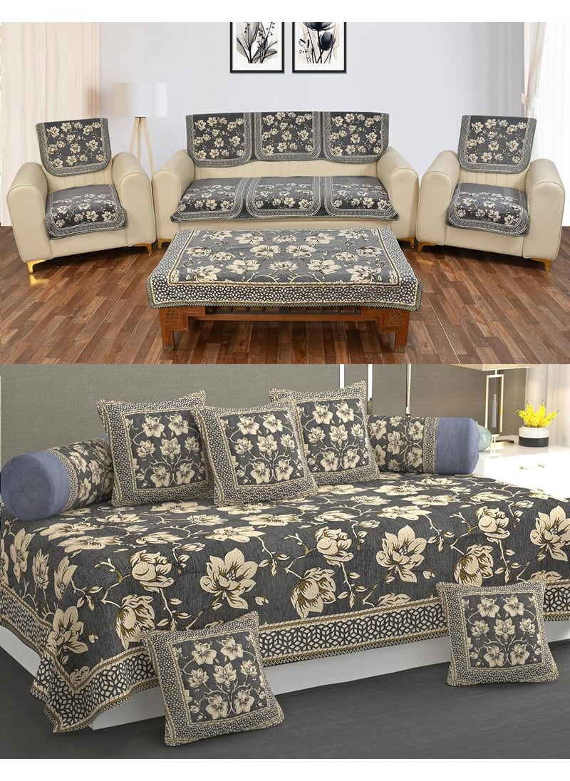 MULTITEX - MULTITEX Heavy Chenille Velvet Sofa Cover with diwan Set and Table Cover Combo Set of 21 pcsGrey - Image 1