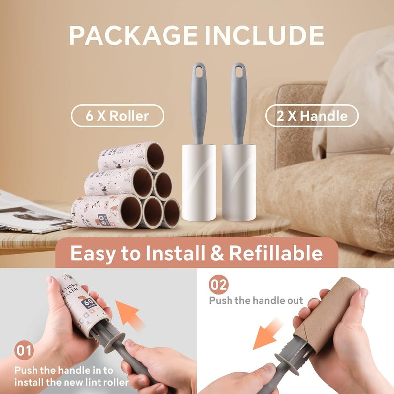 Baytion Lint Roller Remover Hair Kit- Extra Sticky Reusable Lint Remover with 360 Sheets(6 Rollers+2 Upgraded Handles)-Fluff Brush for Clothes/Furniture/Bed/Car/Dog Cat Hair/Carpet/Dust - Image 4