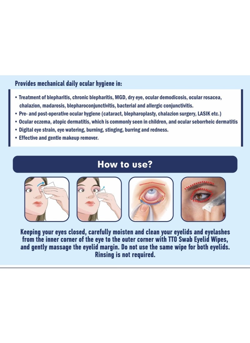 TTO Thermal Eyelid & Eyelashes Swab - Infused with Tea Tree & Hyaluronic Acid - Cleanser & Makeup Remover Wipes for Sensitive Eyes - Blepharitis Relief, Dry Eye Care, Antibacterial - Antifungal and Antiviral effect.
