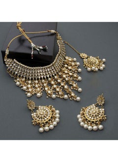 PEORA Peora Traditional Kundan & Pearl Drop White Choker Necklace Earring Set with Maang Tikka Gift for Women Girls  - Image 2