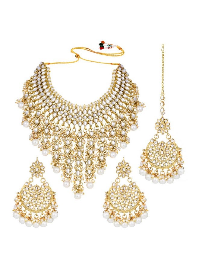 Peora Traditional Kundan & Pearl Drop White Choker Necklace Earring Set with Maang Tikka Gift for Women Girls - Image 5