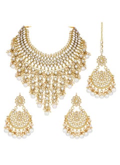 PEORA Peora Traditional Kundan & Pearl Drop White Choker Necklace Earring Set with Maang Tikka Gift for Women Girls  - Image 1