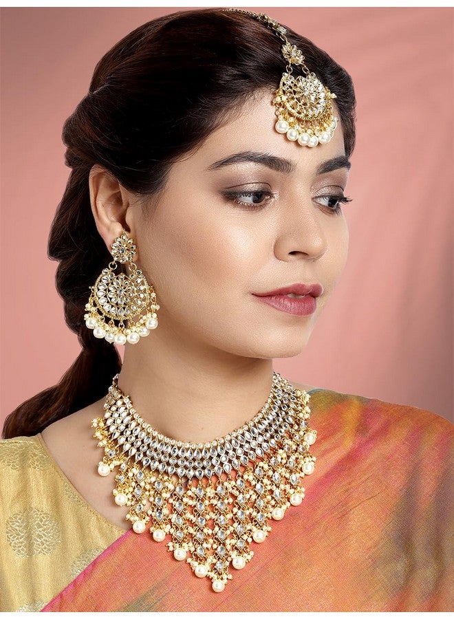 Peora Traditional Kundan & Pearl Drop White Choker Necklace Earring Set with Maang Tikka Gift for Women Girls - Image 3