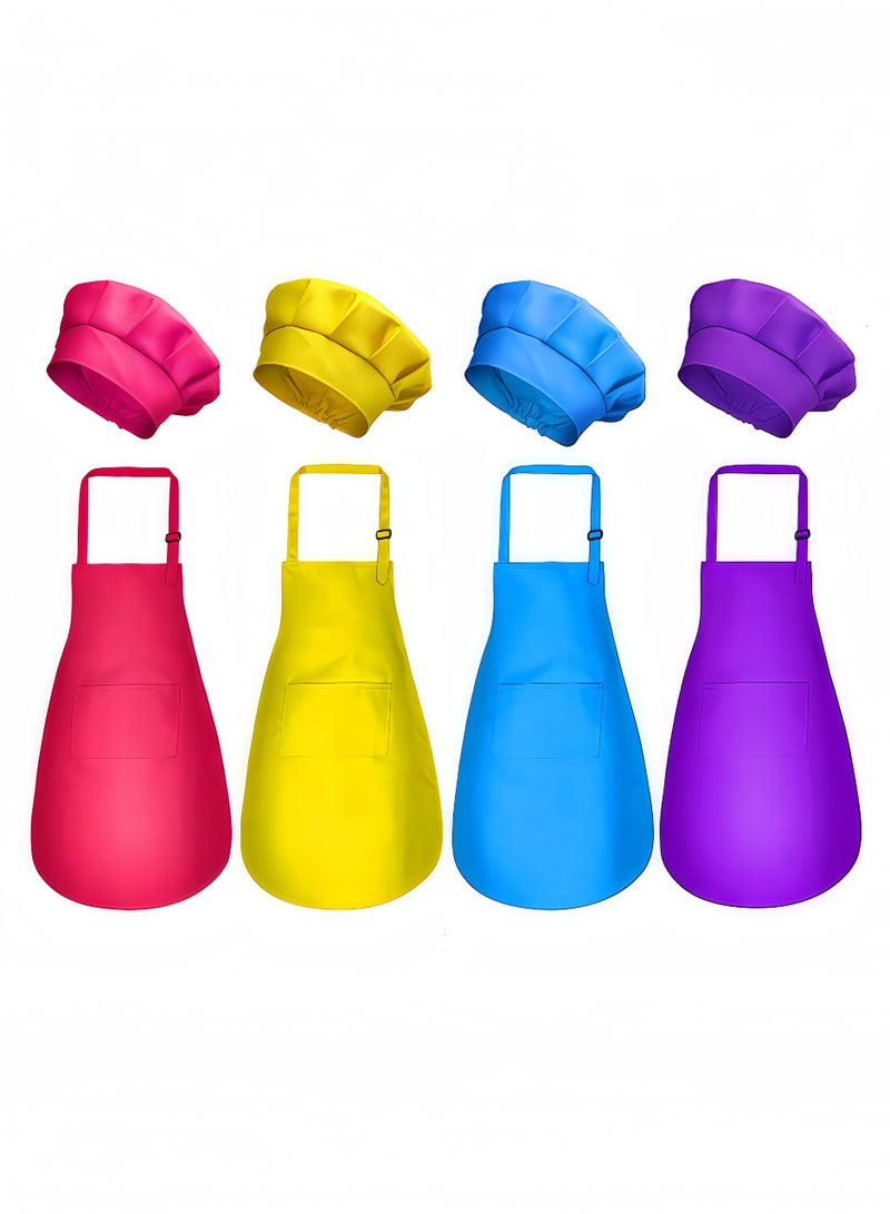 Peachjoy Kids Apron Chef Hat Set, 4pcs Boys Girls Aprons with Pockets for Kitchen Cooking Baking Painting Rose Red, Yellow, Blue, Purple  - Image 1