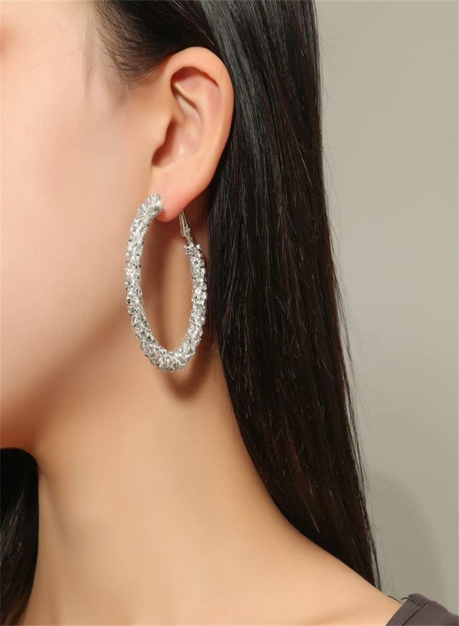 Dtja Shiny Big Hoop Earrings for Women Girls Boho Rhinestone Wrapped Hoops Dangle Huggie Earring Lightweight Comfortable Sparkle Wedding Christmas Birthday Jewelry Gifts 50mm (Clear CZ) - Image 2