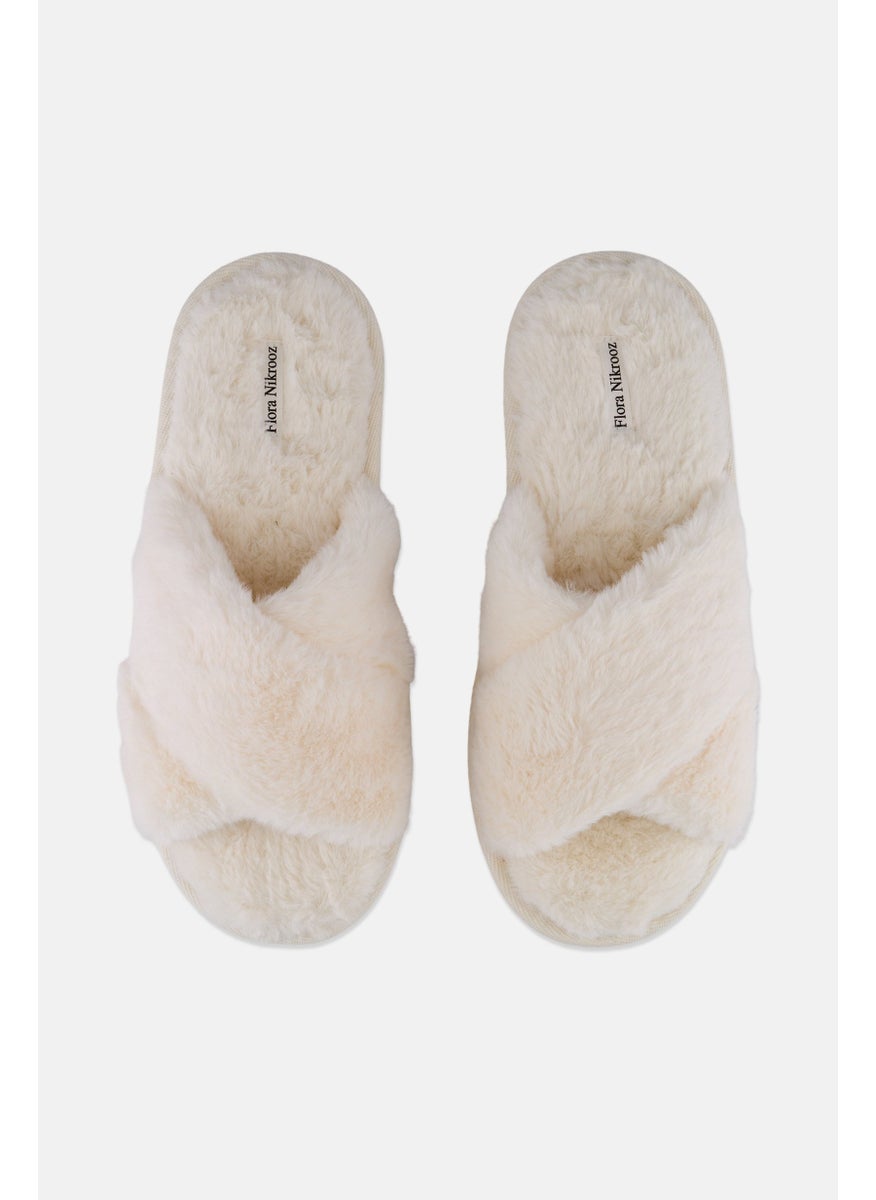 Flora Nikrooz Women Faux Fur Criss Cross Slip On Slippers, White  - Image 3