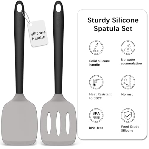 Coukre 2 Pack Silicone Spatula Set, High Heat Resistant, BPA Free Kitchen Spatula, Solid & Slotted Turner for Non-Stick Pans, Sautéing, and Flipping (2, Gray) - Image 3