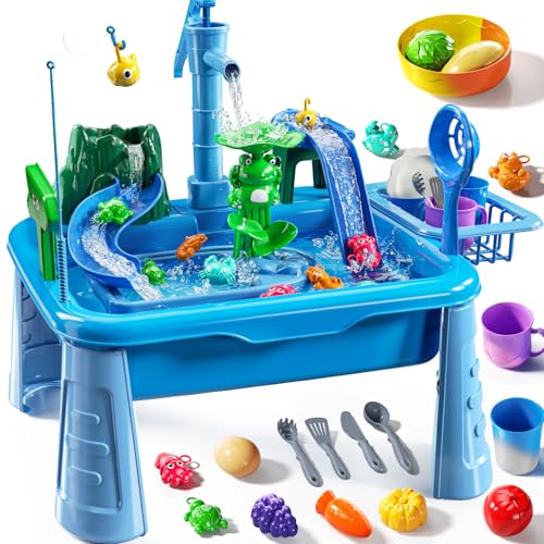 JUKUDAHU Water Table Play Sink Toy for Kids 2 3 4 5 6 Years Old Outdoor Kitchen with Running Water Fishing Games Toddler Water Play Table for Kids Ages 38 Beach Outdoor Toys Birthday Gifts 2 35 Blue - Image 1
