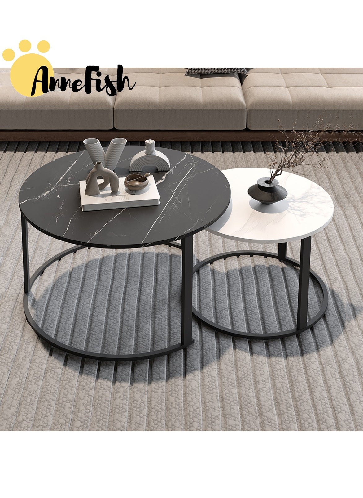 AnneFish Nesting Coffee Table Set of 2pcs Round Coffee Table Industrial End Table Side Tables for Living Room Bedroom Balcony Yard 